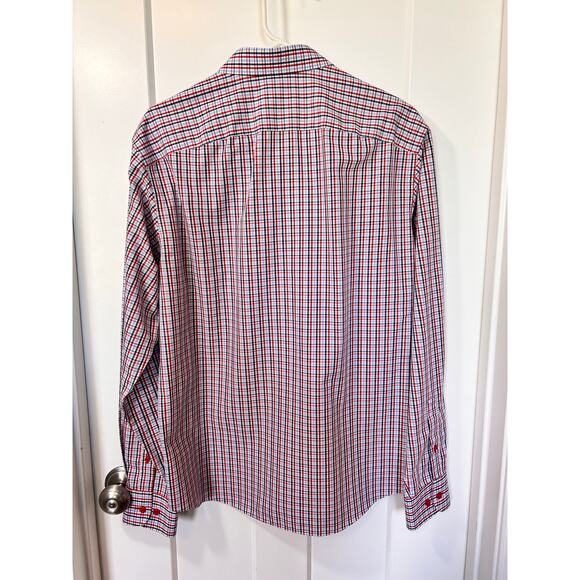 UNTUCKit Plaid Tommasi Wrinkle Free Regular Fit Button Down Shirt Red Blue Large - Picture 2 of 10